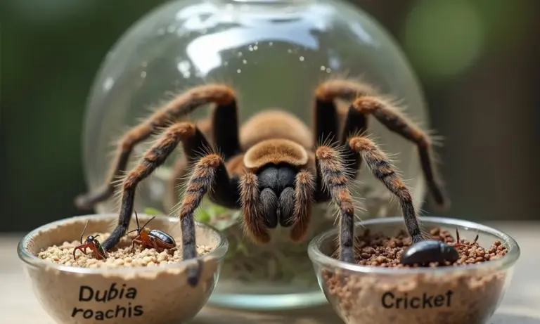 A tarantula sits between two bowls, with the left labeled 'Dubia roachis' and the right labeled 'Cricket'.