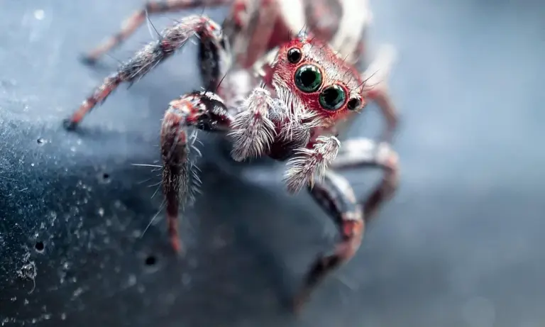 Close-up of a red, hairy jumping spider with large green eyes on a blue-gray background.