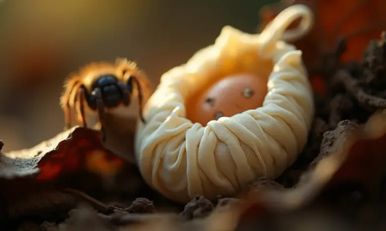 Close-up of a cream-colored tarantula egg sac wrapped in silk on leaf litter, with a tarantula nearby.