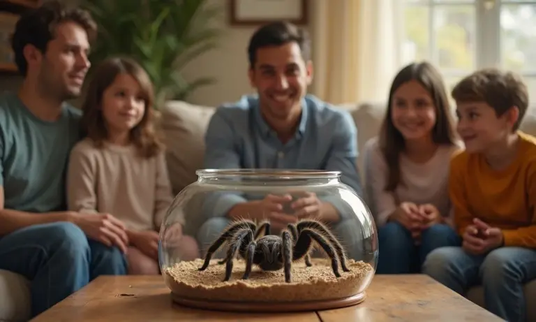 A family sits together on a couch, smiling, while a terrarium with a tarantula sits on a wooden coffee table in the foreground.
