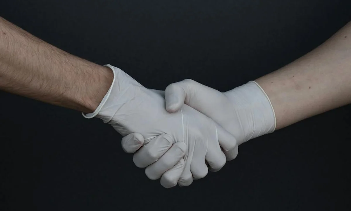 Two gloved hands clasped in a handshake against a dark background, illustrating careful tarantula handling.