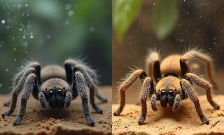 Two tarantulas on a sandy substrate inside a terrarium; the left spider appears darker with water droplets visible on the glass, while the right spider is lighter; green leaves are in the background.