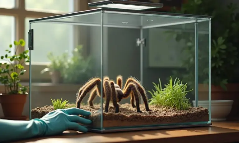 A tarantula inside a glass terrarium on a wooden table, with a gloved hand approaching the enclosure