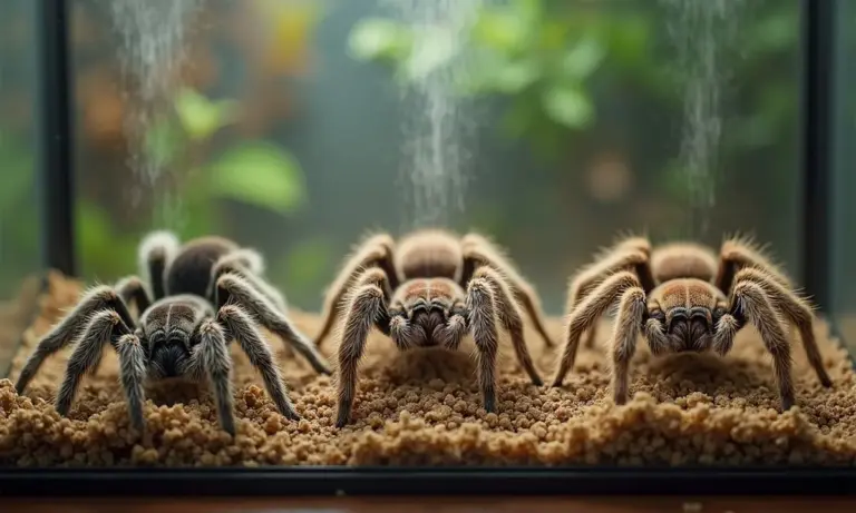 Three tarantulas inside a glass terrarium on a brown gravel substrate with a hazy background.