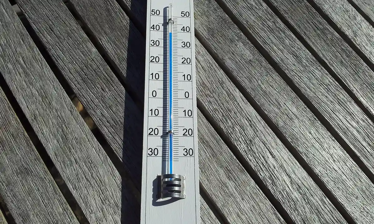A thermometer with a blue liquid tube resting on weathered wooden planks, used to monitor temperature in tarantula enclosures.